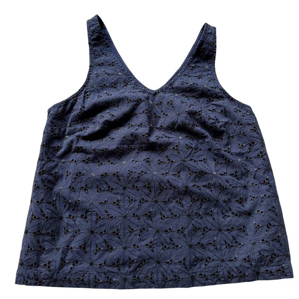 Navy‎ Blue Eyelet Embroidered V-Neck Tank Top XS Cotton Lined Nautical Peasant